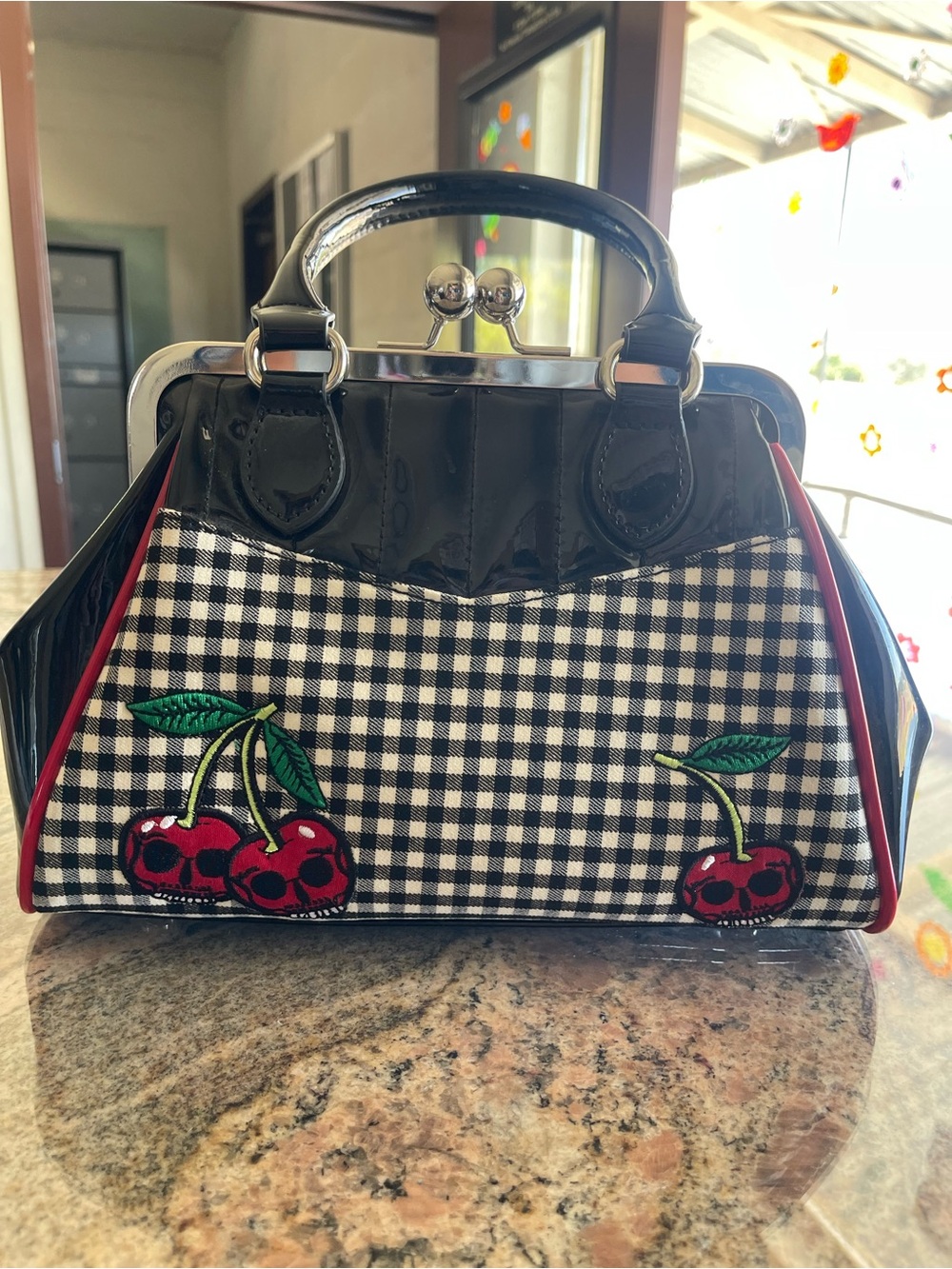 Black Patent Gingham Clutch with Red Cherry Embellishments